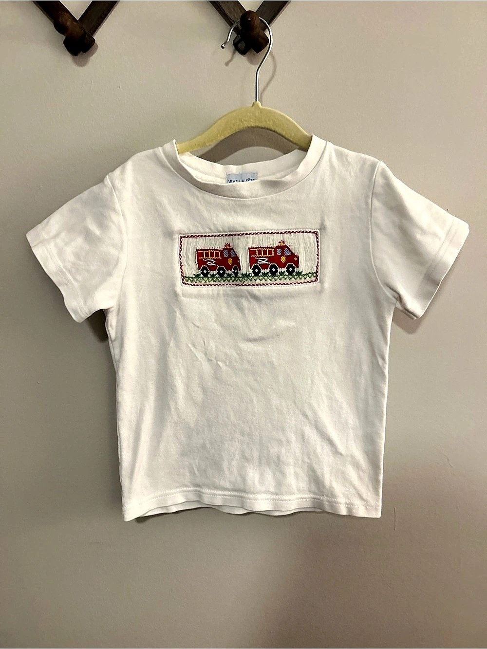Vive La Fête Firetruck Smocked White Knit Short Sleeve Boys Tee Shirt